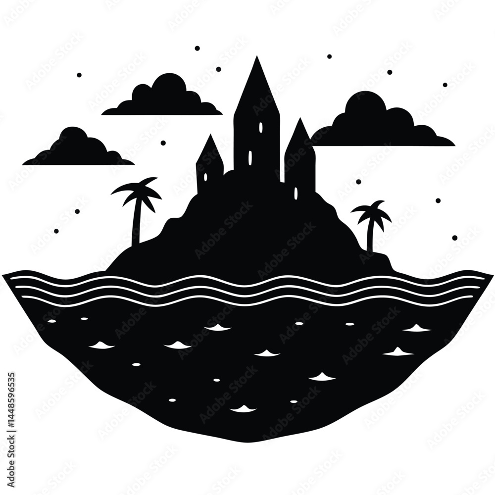 Enchanted Island Castle Silhouette Illustration of a Magical Coastal Fortress