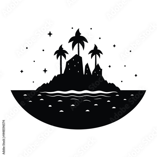 Tropical Island Silhouette Night Scene with Palm Trees and Stars