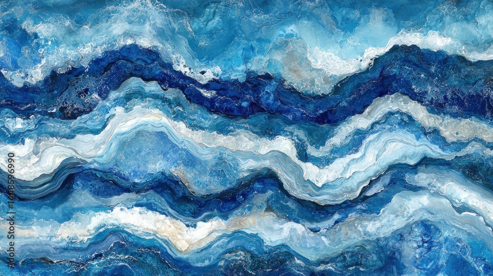 Fototapeta premium Abstract seascape painting depicts layered ocean waves.