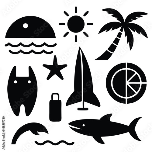 Summer Vacation Icons Sun, Beach, Ocean, and More