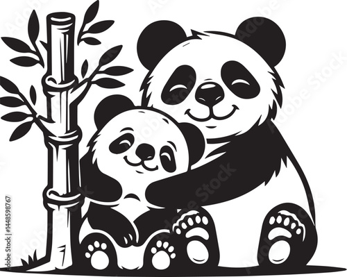 Cute Panda Family Embraces in Bamboo Forest. This black and white illustration showcases two adorable panda bears embracing, nestled beside a bamboo stalk.