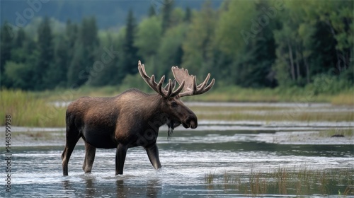 Majestic Moose Wading in Marshland Habitat