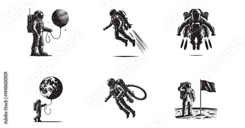 Astronaut illustration set, silhouette vector space exploration