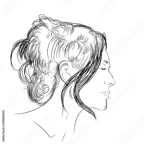 side view sketch of beautiful woman with tied hair on white background