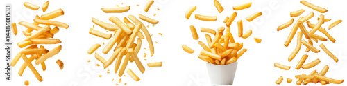 Golden French fries floating from top to bottom in mid-air, isolated on a transparent background