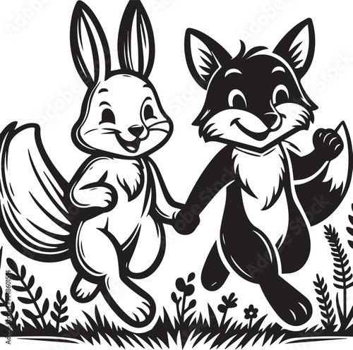 Friendly Rabbit and Fox Playfully Flying Through Fields. A whimsical black and white illustration of a rabbit and a fox joyfully flying through a field of flowers.