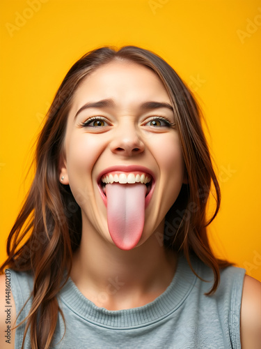Woman portrait. Fun. Cheerful young woman is grimacing and showing her tongue at camera, on a yellow background