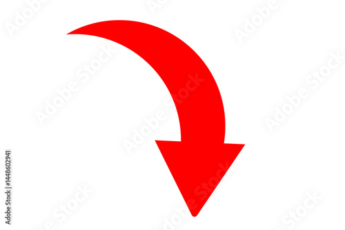 bold red curved downward arrow indicating direction decline or navigational guidance with dynamic movement isolated background.