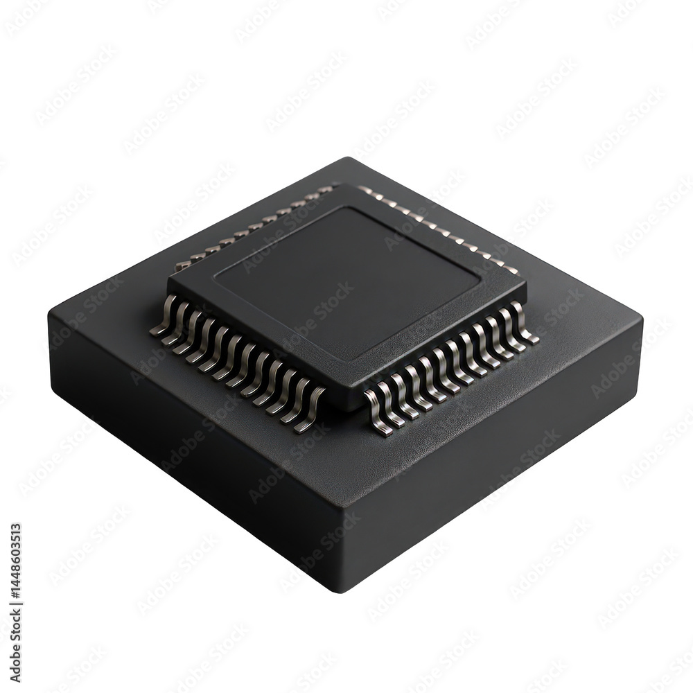 Crucial digital component detailed view of a black integrated circuit featuring rows of metallic connector pins. Crucial digital component detailed view of a black integrated circuit featuring rows of metallic connector pins.