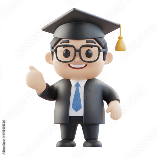 Smiling cartoon graduate points towards the future. photo