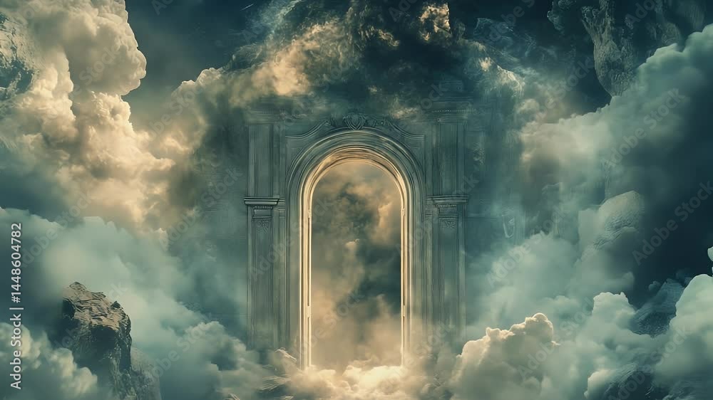 Clouds gently envelop a majestic stone archway, seemingly floating amidst the ethereal expanse, evoking a sense of wonder and the promise of a heavenly realm