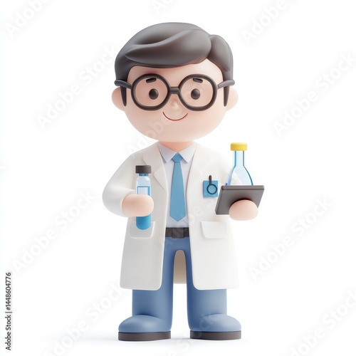 Cartoon scientist character holds test tubes and tablet.