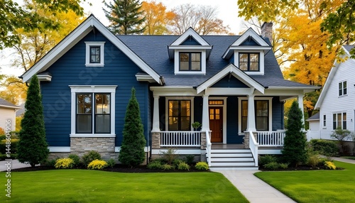 Craftsman style house, navy blue exterior, white trim