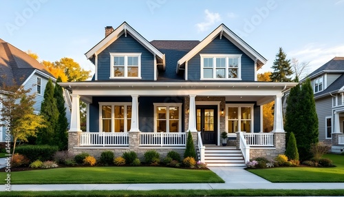 Craftsman style house, navy blue exterior, white trim
