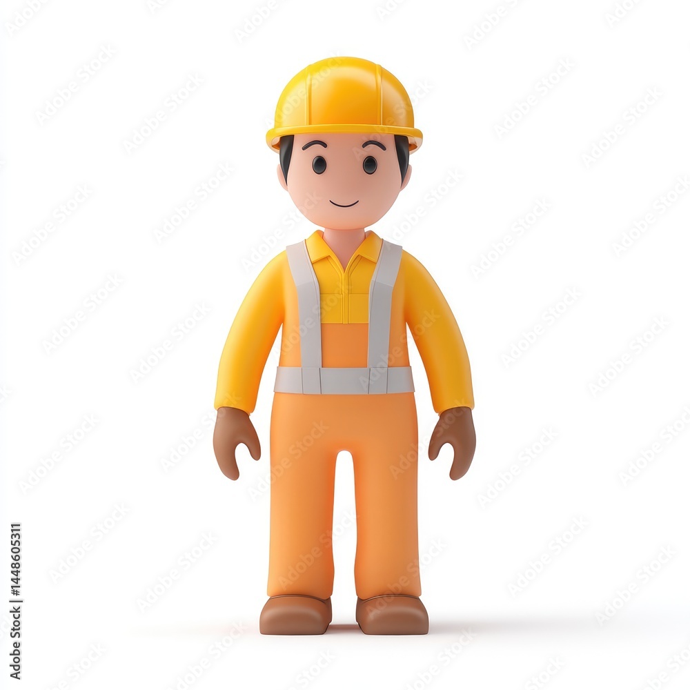 Smiling cartoon construction worker figure stands. Smiling cartoon construction worker figure stands.