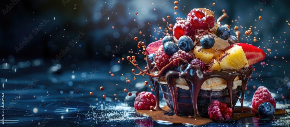 Naklejka premium Colorful ice cream cup topped with fresh fruits and rich chocolate sauce awaits indulgence in a dreamy setting