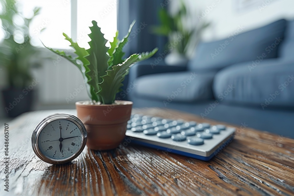 A potted plant and a clock resting on a wooden table