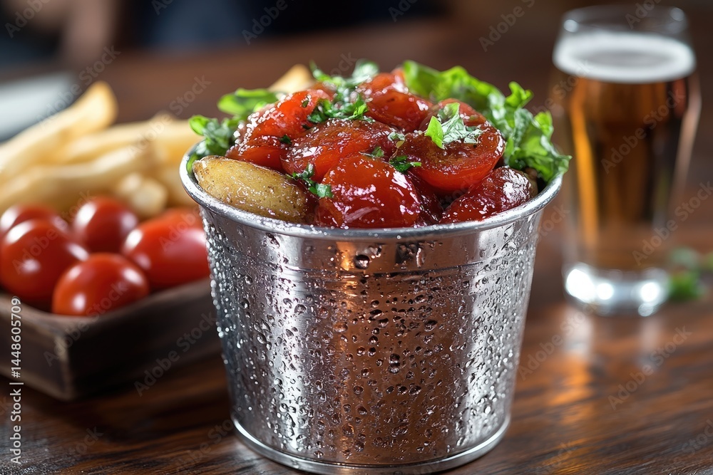 Appetizing food arrangement presented with beer and accompanying sides