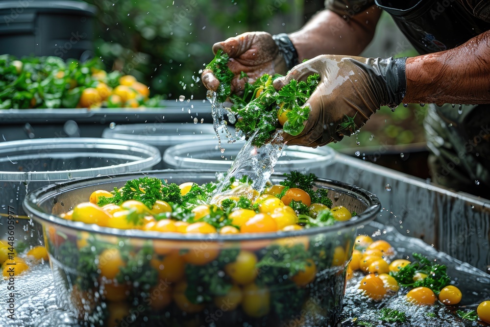 A person washing vegetables with water in a container