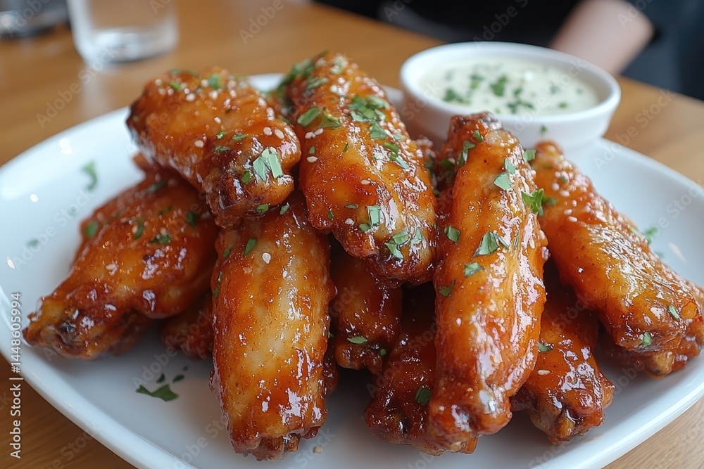 A plate of delicious chicken wings with sauce and garnish
