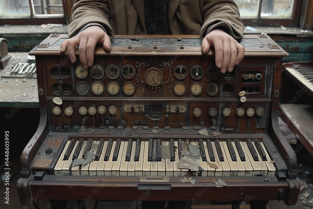 A person is holding a damaged vintage musical instrument