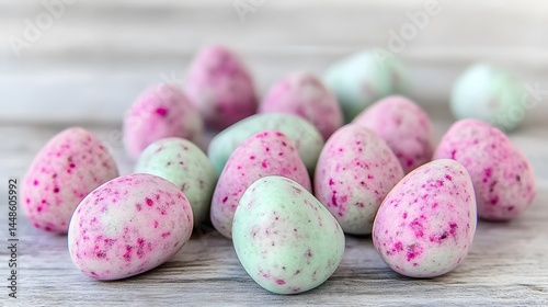 Pastel Pink and Mint Speckled Easter Eggs on Wooden Surface