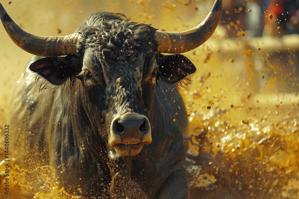 A powerful black bull charging through muddy water with impact