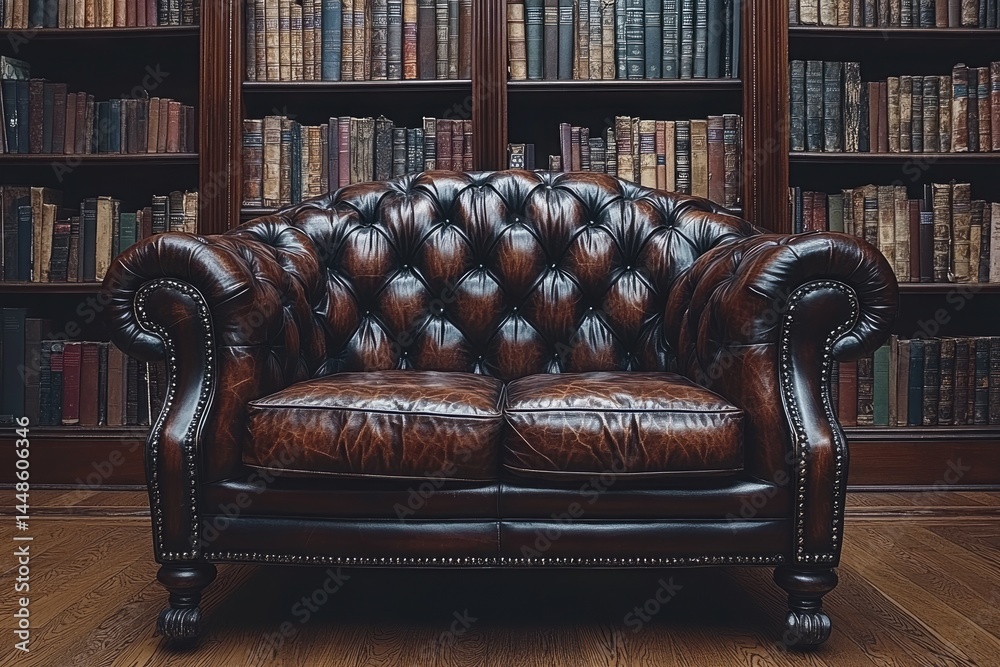 A plush brown leather loveseat sits before packed bookshelves indoors