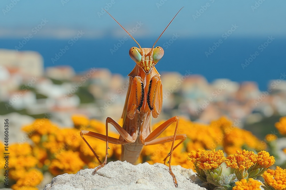 A Praying Mantis Poses Amidst Yellow Flowers