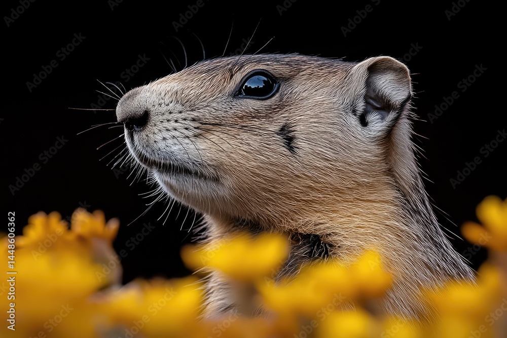 A Prairie Dog Portrait Among Yellow Flowers