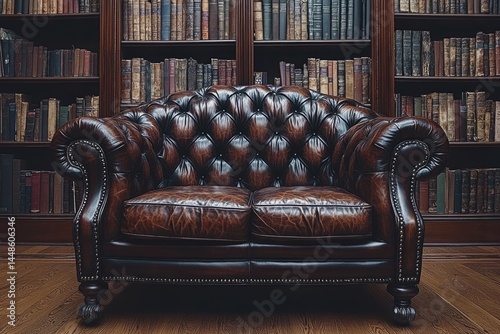 Obraz na płótnie A plush brown leather loveseat sits before packed bookshelves indoors w salonie