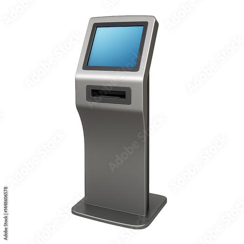 High-tech metallic freestanding interactive kiosk providing user access with a bright touchscreen and input slot.