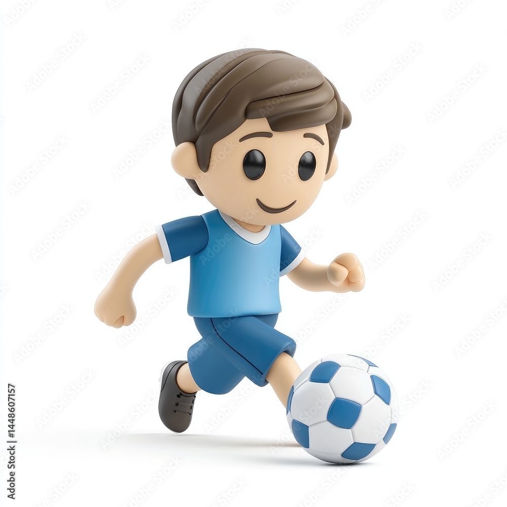 Smiling cartoon boy plays soccer in motion. Smiling cartoon boy plays soccer in motion.