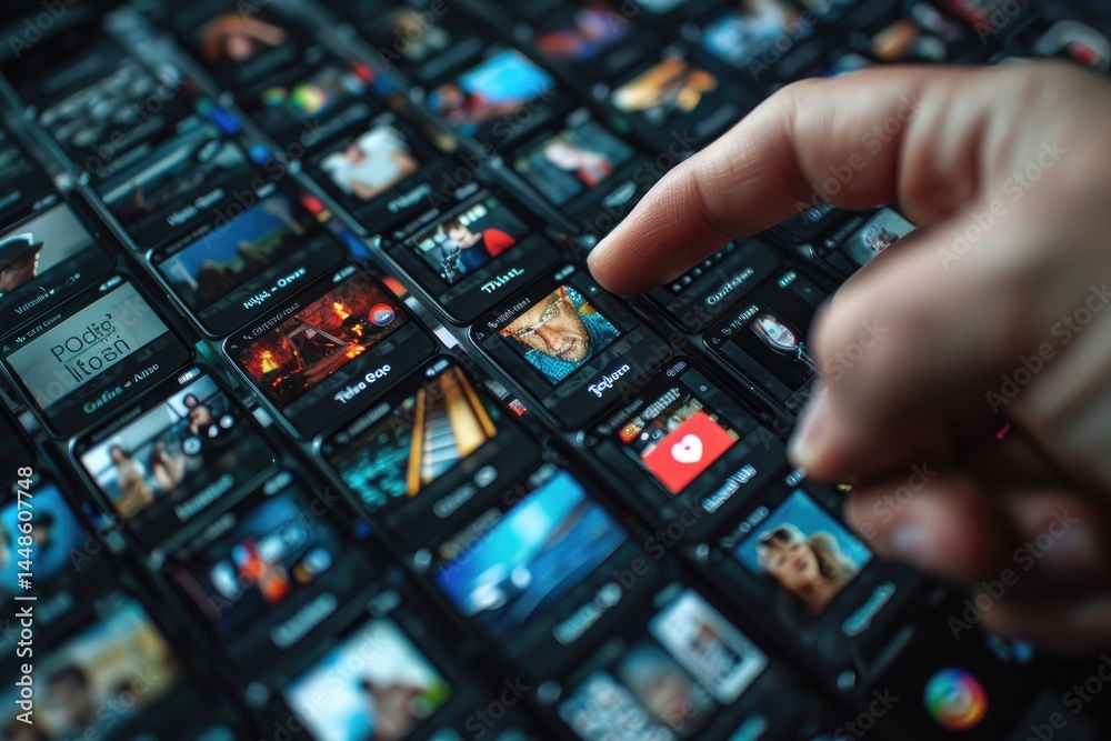A person selecting from multiple media display tiles on screen