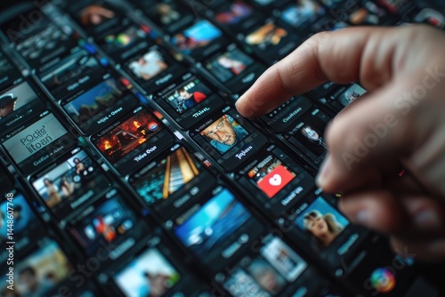 A person selecting from multiple media display tiles on screen
