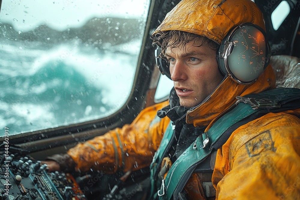 A person operating boat in rough and stormy ocean conditions
