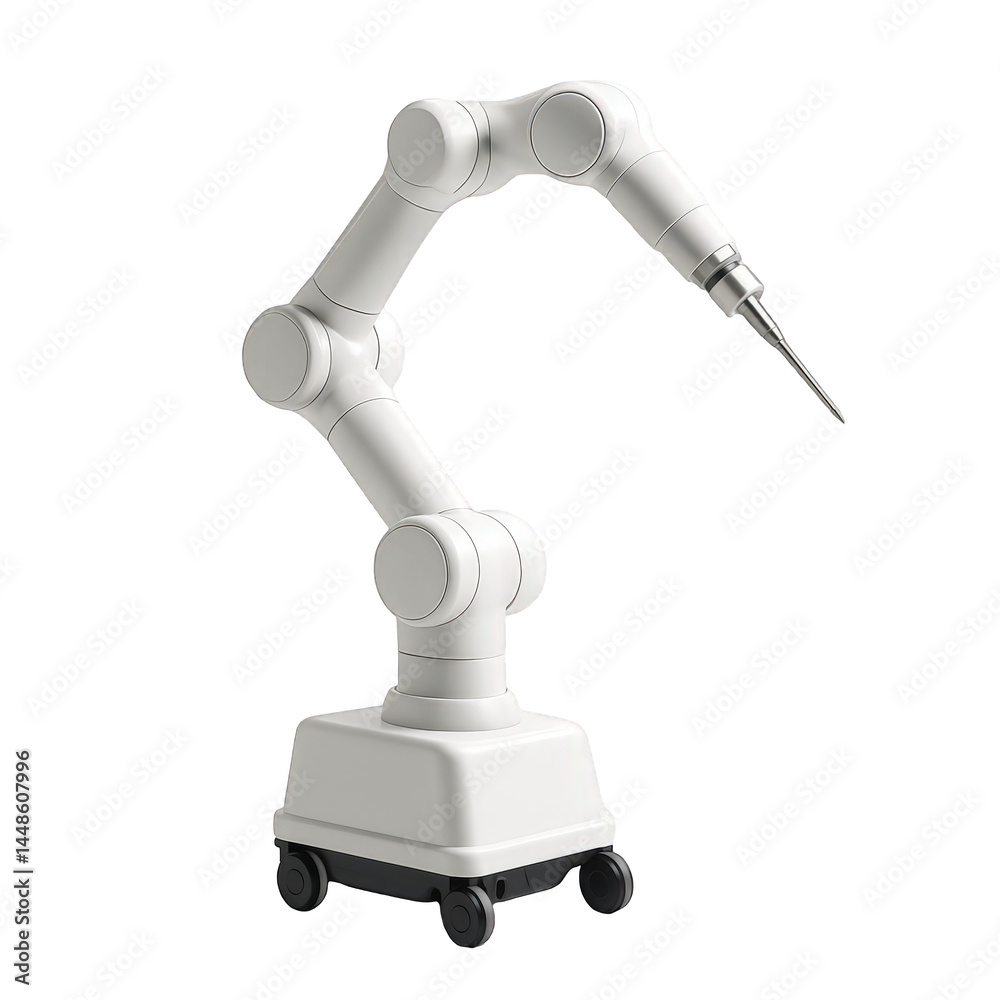 White robotic arm on a mobile wheeled base, engineered for high-precision automated tasks and intricate operations. White robotic arm on a mobile wheeled base, engineered for high-precision automated tasks and intricate operations.