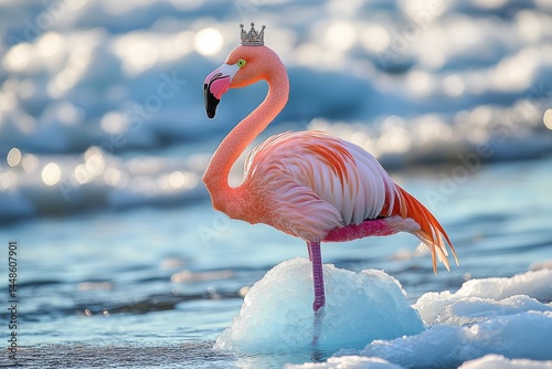 A pink flamingo wearing a crown standing on ice in water