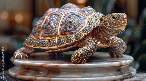 Detailed turtle statue with opulent bejeweled texture and royal elegance high resolution photo