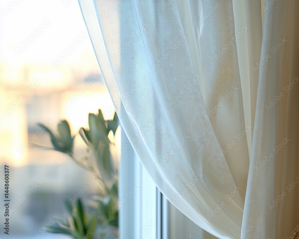 Sheer curtains letting in soft sunlight Sheer curtains letting in soft sunlight