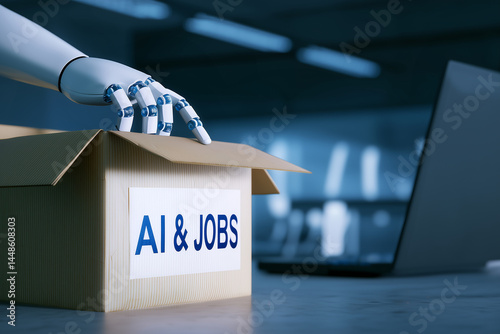 Robotic hand opening cardboard box labeled AI and Jobs, futuristic workplace background, artificial intelligence employment concept, business technology impact theme