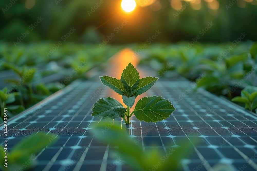 A plant grows from a solar panel during golden hour