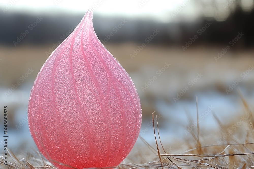 A pink frosted art glass sculpture standing in the tall grass
