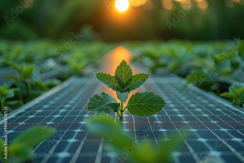 Obraz na płótnie A plant grows from a solar panel during golden hour w salonie