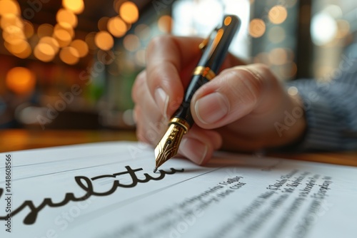 A person writes on paper with an elegant fountain pen
