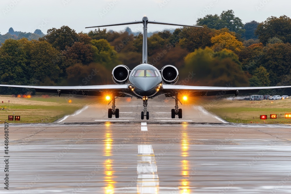 A private jet has landed on a wet airport runway