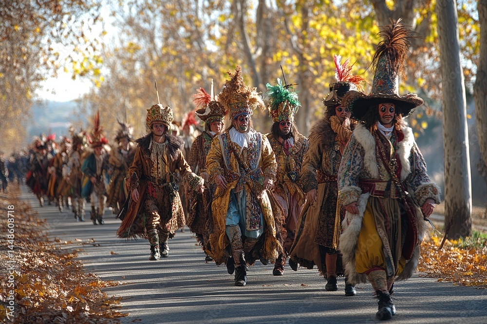 A procession of costumed people walking down a tree lined road