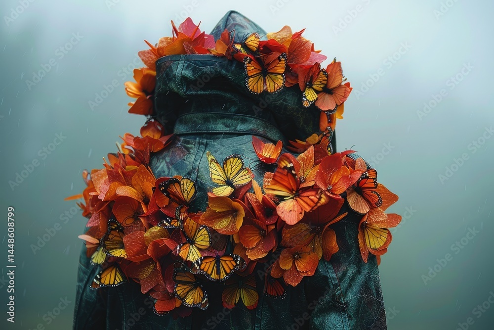 A person wearing foliage and butterflies in a misty setting