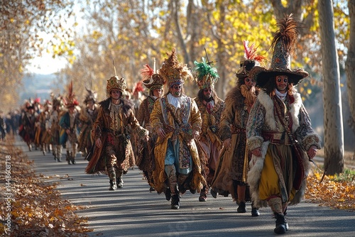 Obraz na płótnie A procession of costumed people walking down a tree lined road w salonie