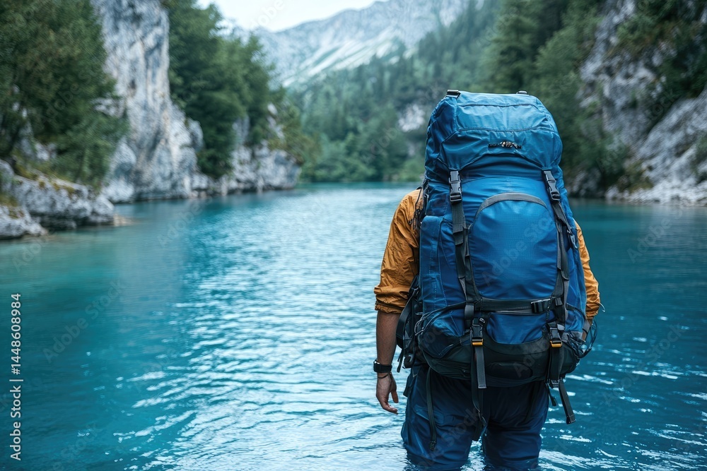 A person stands in water with large backpack near mountains